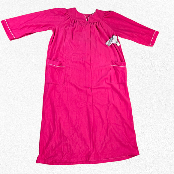 80s Vintage Bright Pink Button Down Long Robe Loungewear Sleepwear Size 20W - Picture 2 of 14